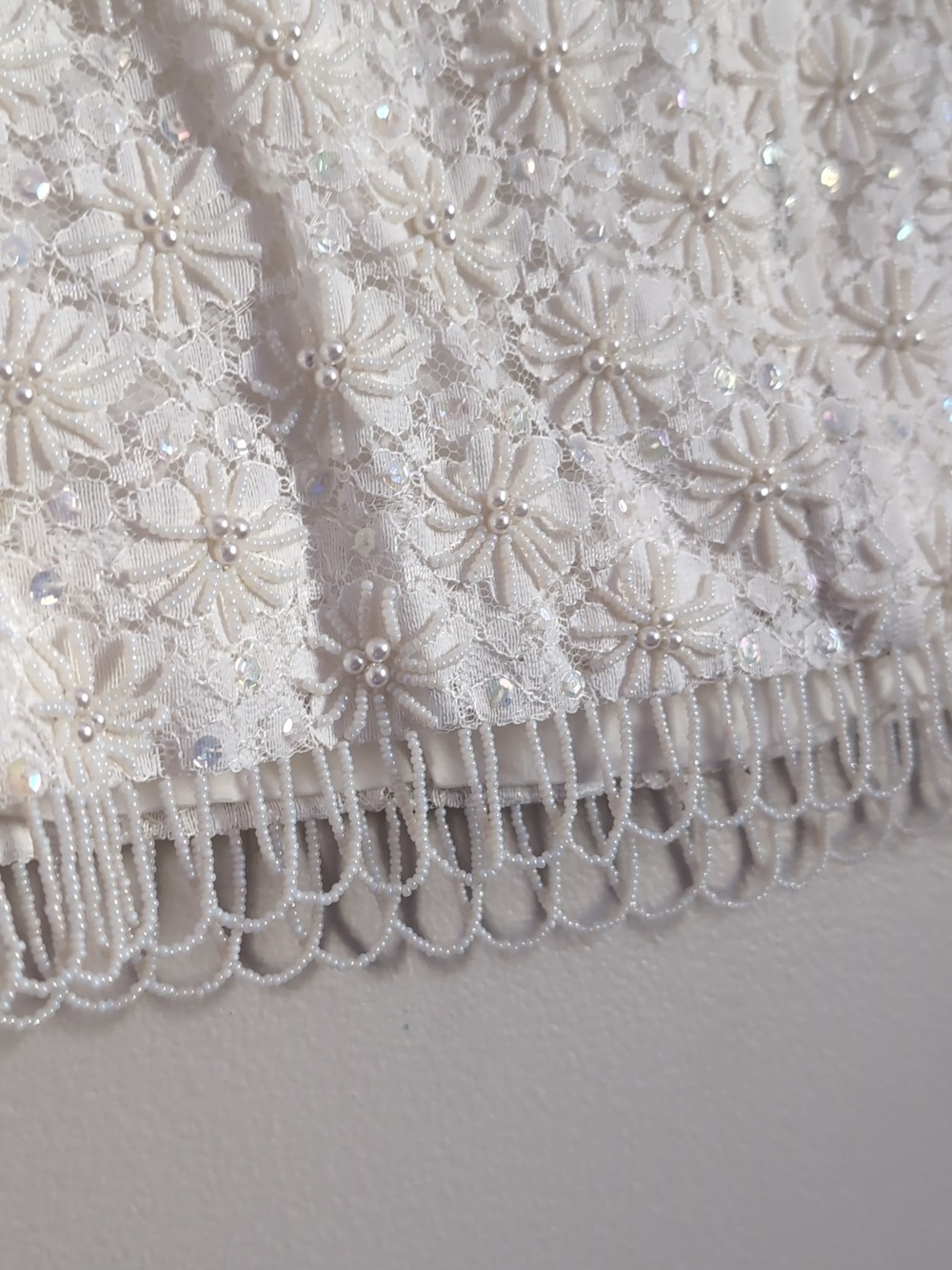 60s Vintage Everfit Co. Ivory Pearl Beaded Shell Cocktail Top with Fringe - Picture 3 of 10